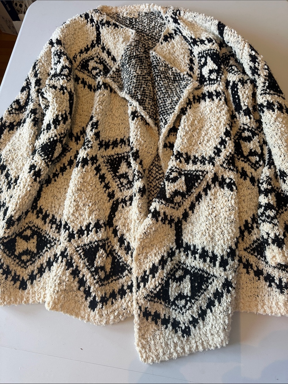 Cozy Black and Cream Patterned Bouclé Sweater Coat